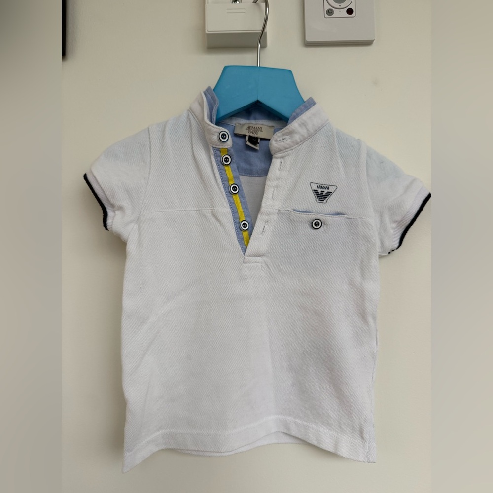 White Kids Polo Shirt with Navy Trim and Yellow Placket Accent